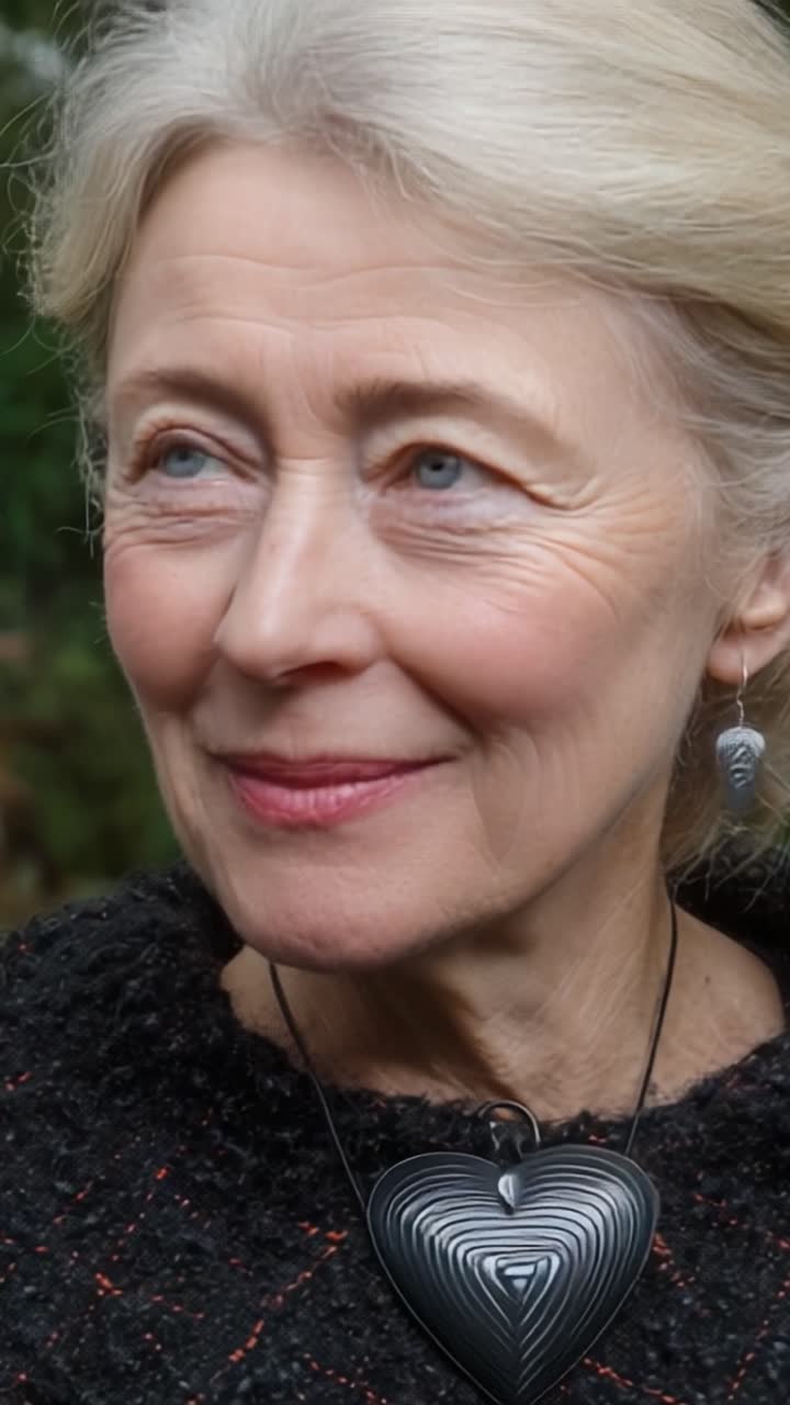 Captivating Portrait of an Elegant Mature Woman Wearing a Heart-Shaped Necklace with Luscious Silver Detailing and a Subtle Smile, Set Against a Natural Background