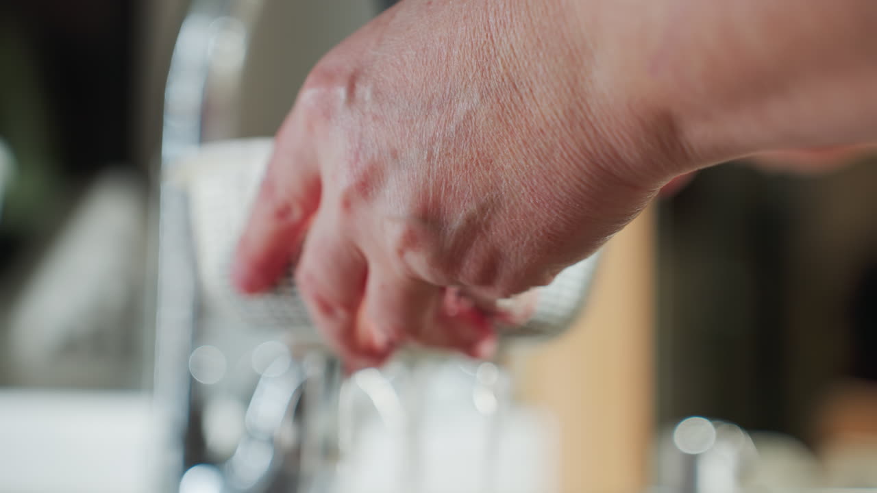 Close-up of hands lifting berry-filled basket under running tap with water dripping through basket, soft background blur highlights the process of rinsing berries