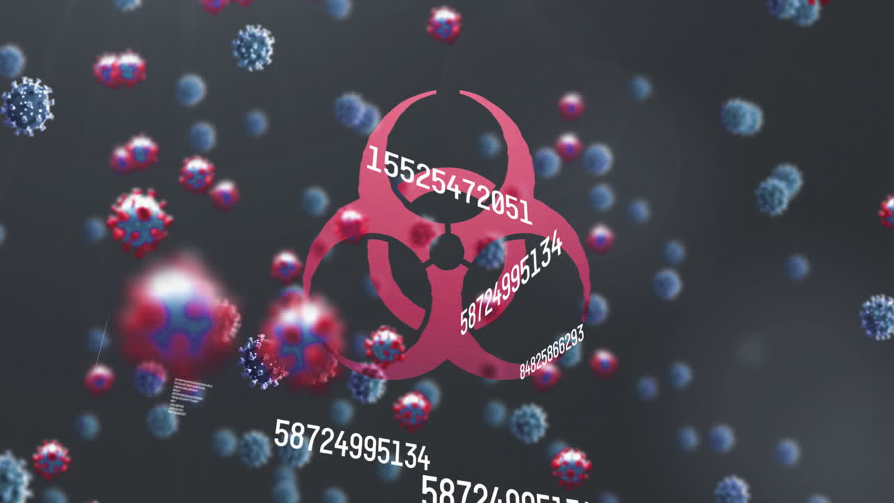 animación digital de múltiples números cambiantes flotando sobre las células de covid-19 que se mueven contra el peligro biológico