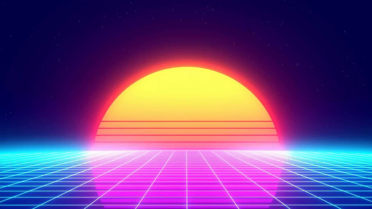 Sfondo astratto retrò synthwave con griglia al neon e sole