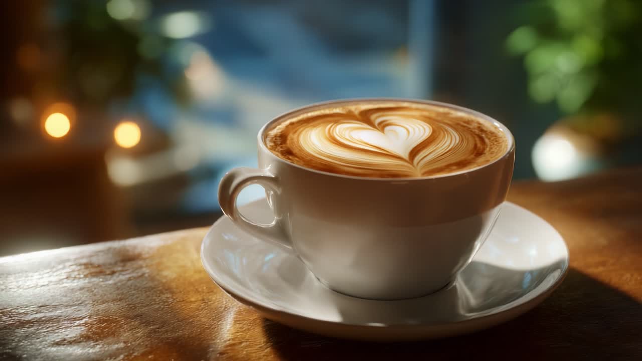 En smukt udformet kaffekop med hjerte-lattekunst, perfekt afbalanceret på et træbord, omgivet af en hyggelig atmosfære og bløde lyseffekter