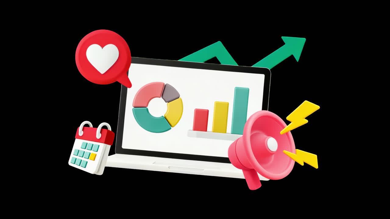 Colorful analytics laptop display animation isolated asset, transparent 4K video, alpha channel