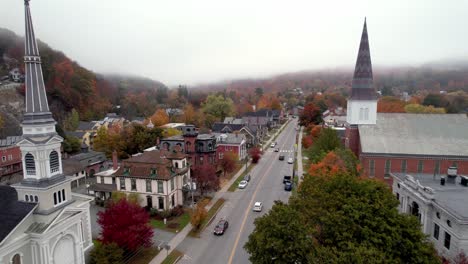 aerial of churches in montpelier vermont in fall with autumn leaf color