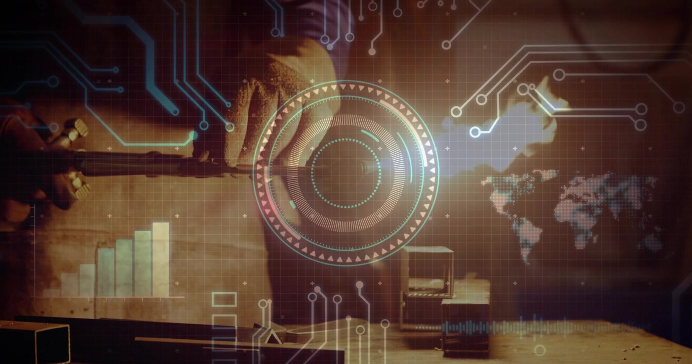 Gloved hand bringing lit torch from left, HUD overlays fading in, monitoring metalwork precision