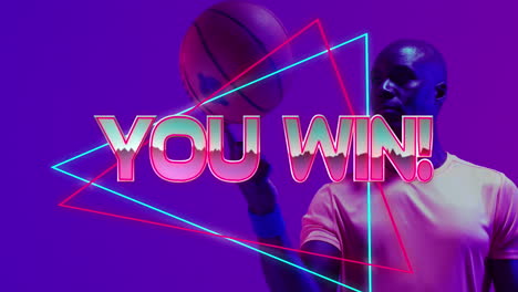 animación de usted ganar texto sobre el patrón de neón y jugador de baloncesto afroamericano