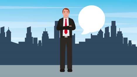 businessman crossed arms talking with city background