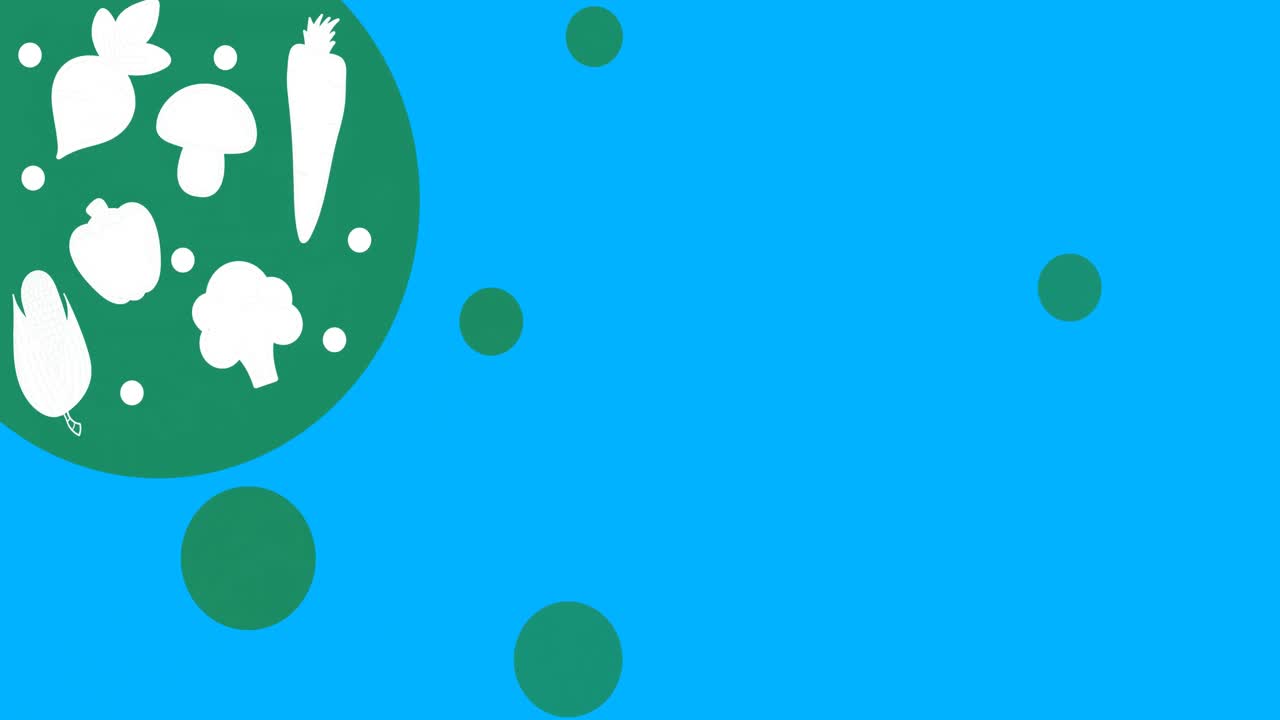 푸른 배경에 녹색 둥근 배너에 과일 및 채소 아이콘의 디지털 애니메이션