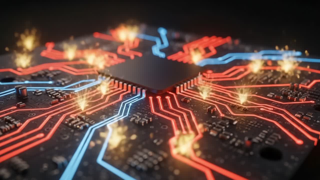 Dynamic Circuitry: A Visual Exploration of a Circuit Board with Sparks and Colorful Traces Emphasizing Technological Innovation and Electronic Connectivity