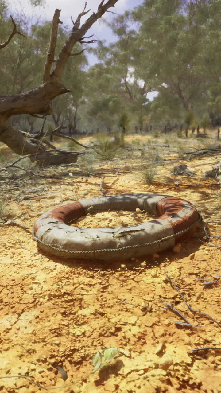 Salvagente perso appoggiato su terreno screpolato nel paesaggio dell'outback australiano