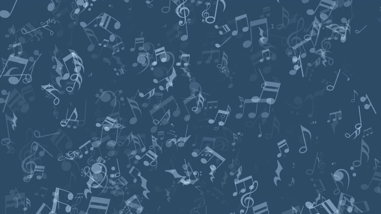 Abstract blue animated background with musical note symbols. Looped motion graphics. Copy space.