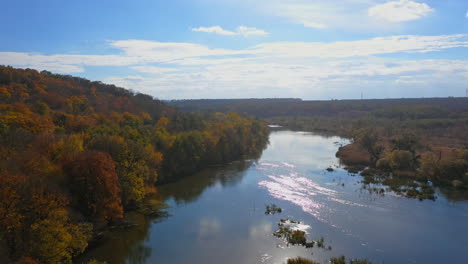 stunning river and forest in autumn. flying over the river and forest during autumn