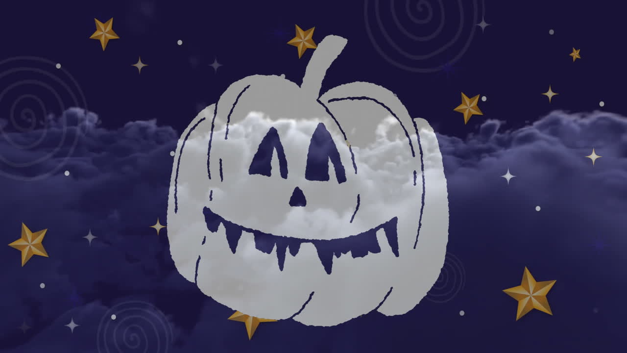 Animation of smiling pumpkin with stars in night sky background