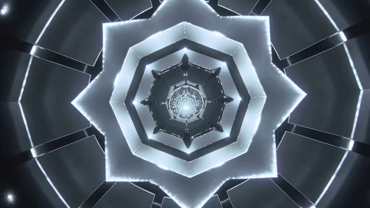 Anelli esagonali concentrici rotanti che si muovono verso l'interno verso un nucleo luminoso, con un impulso LED che stringe i pannelli metallici.