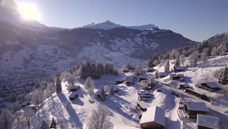 dolly de lado de derecha a izquierda empujando sobre chalets cubiertos de nieve en grindelwald en un día de invierno de pájaro azul