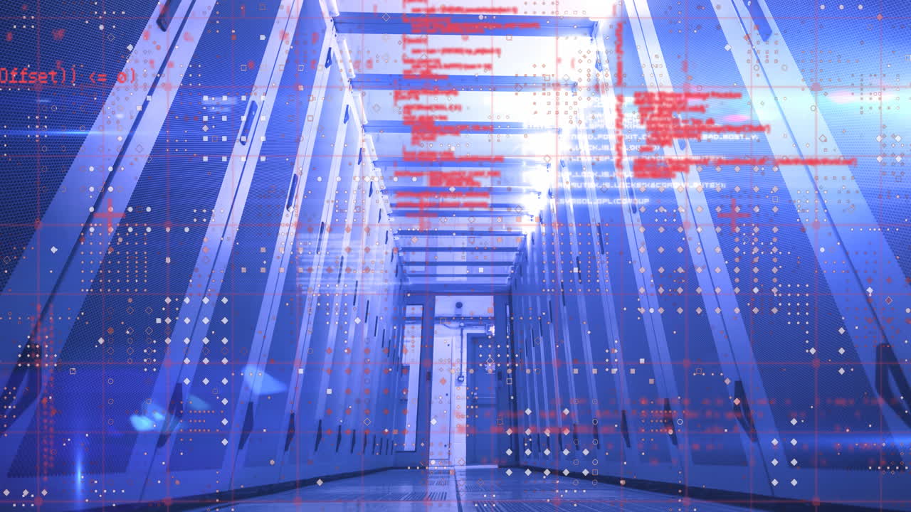 Animation of data processing and dots pattern against computer server room