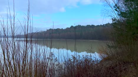 Pedestal-shot-of-beautiful-natural-lake-with-colorful-sky-surrounded-by-autumnal-forest-trees-in-nature