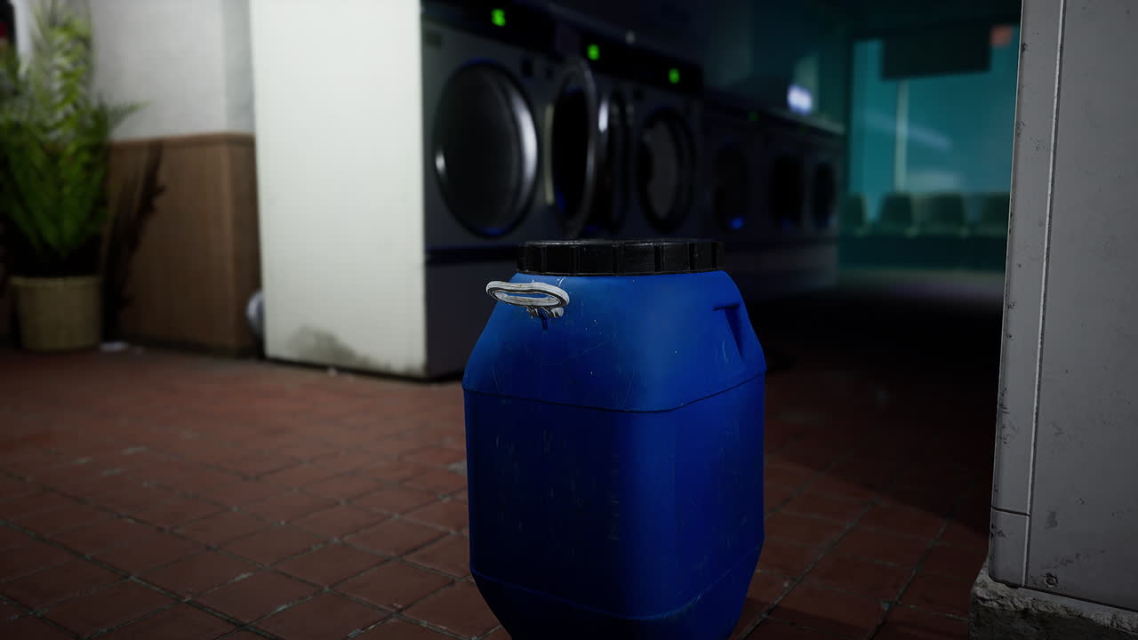 barril azul en una lavandería