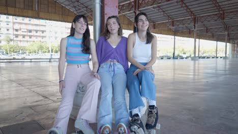 three friends roller skating in a market