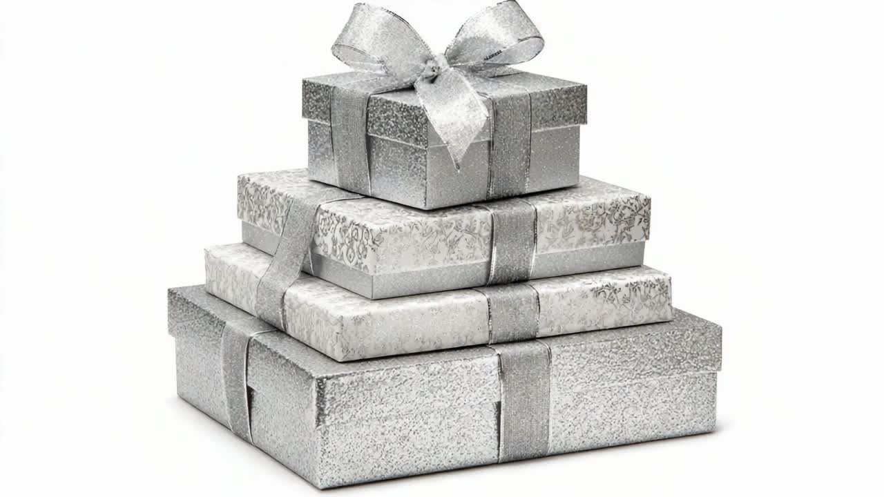 A Beautiful Display of Silver Gift Boxes Stacked Elegantly, Perfect for Celebrations and Special Occasions, Adding a Touch of Glamour to Any Festive Setting