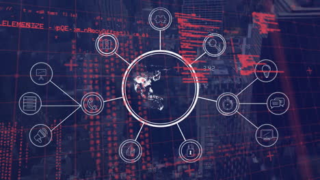 Animación-De-Red-De-Conexiones-Con-Globo-E-íconos-Sobre-Procesamiento-De-Datos-Y-Paisaje-Urbano