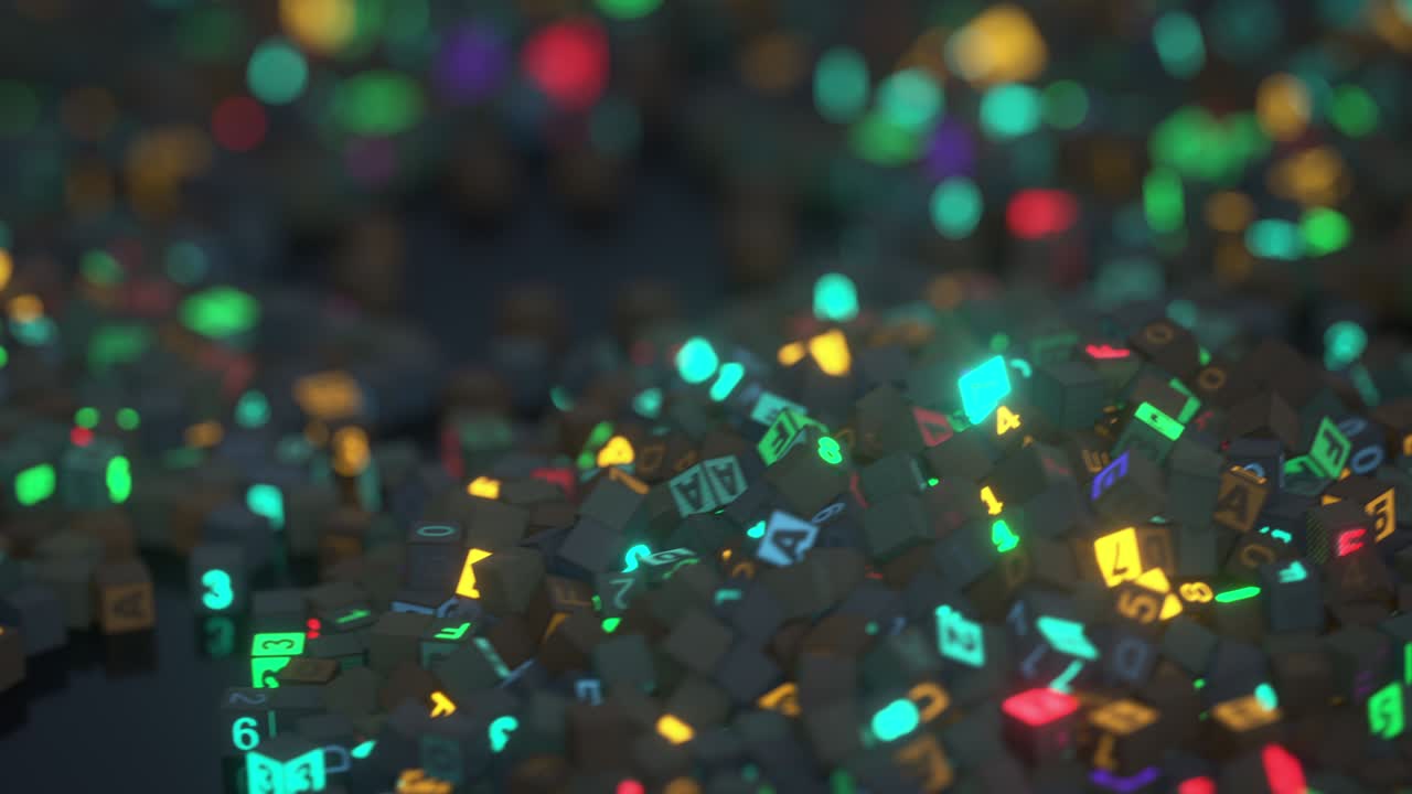 Piles of cubes with machine code seamless loop 3D render animation