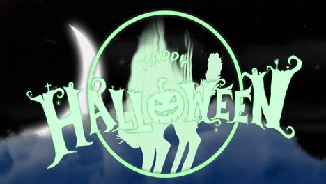 animation of happy halloween text over night sky