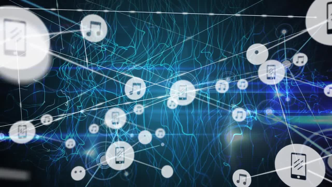 파란색 배경 위에 있는 빛의 흔적과 아이콘의 애니메이션