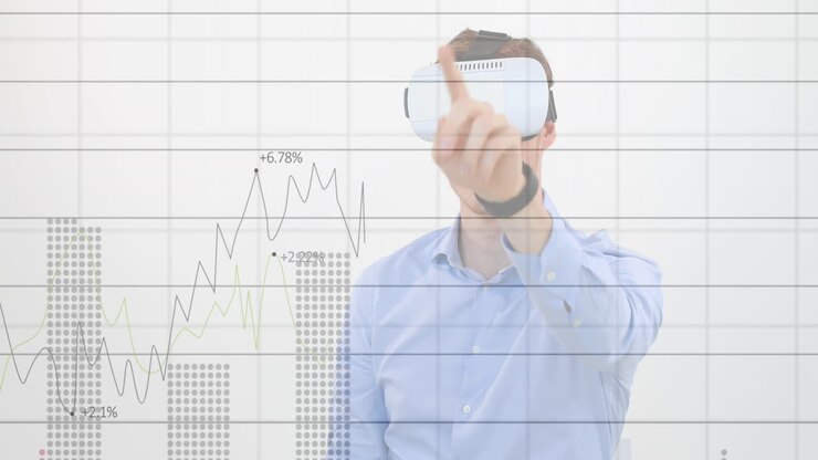Animation of financial data processing over businessman using vr headset