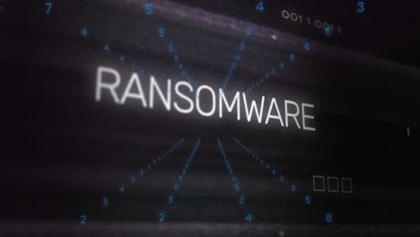 animación de la marca x en el texto del ransomware sobre el patrón de la placa de circuitos y números cambiantes en el fondo.
