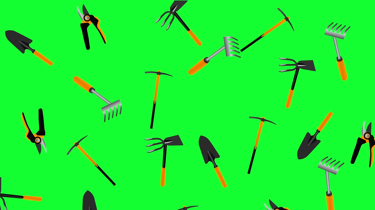 Working gardening tools elements  animation, seamless loop on green screen chroma key