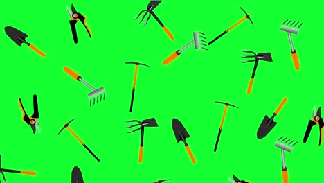 working gardening tools elements  animation, seamless loop on green screen chroma key