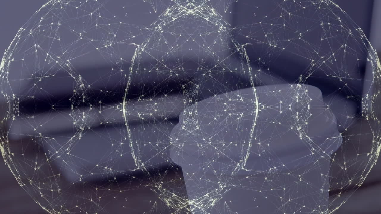 Network sphere being built with glowing nodes over wooden desk, featuring coffee cup