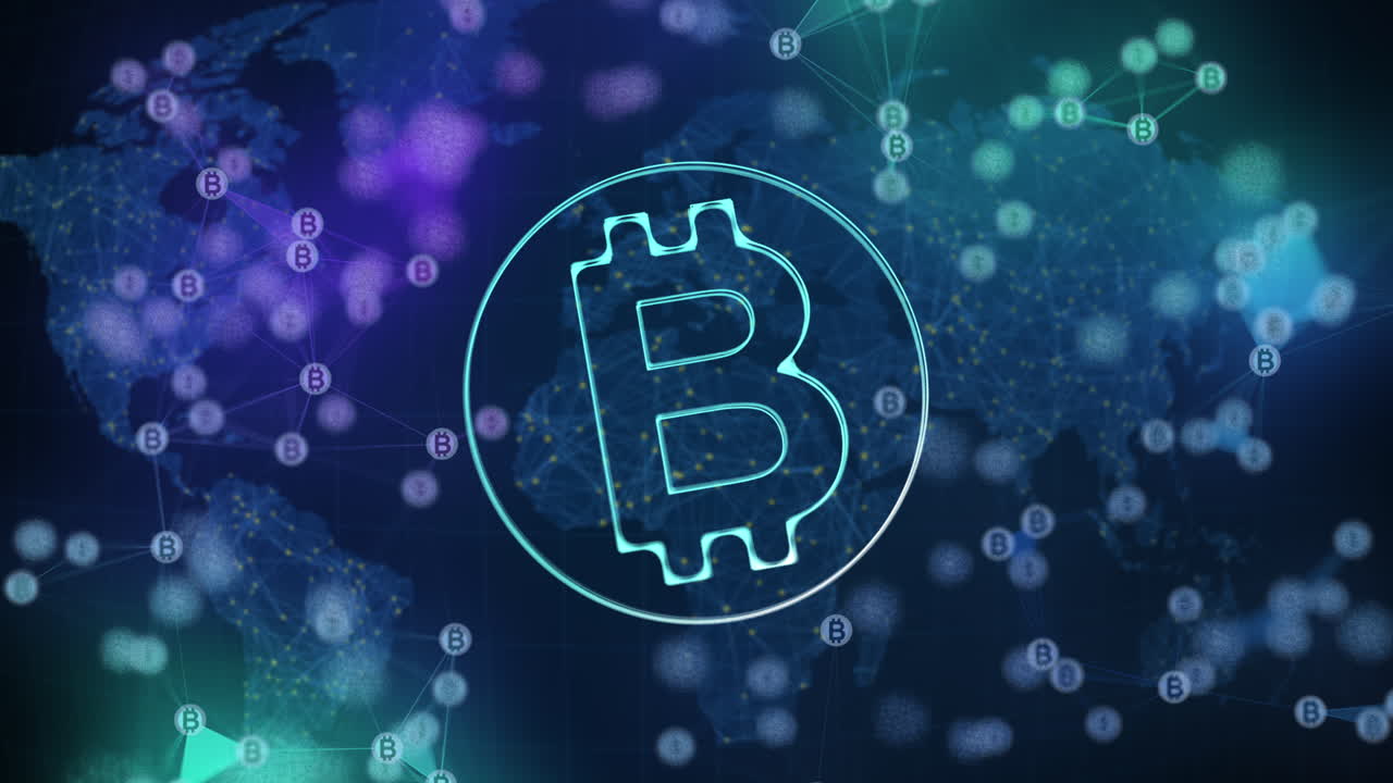 Glowing transparent bitcoin symbol on a blue background with a world map. Colored plexus lines with currency signs. Looped 3D animation. Cryptocurrency.