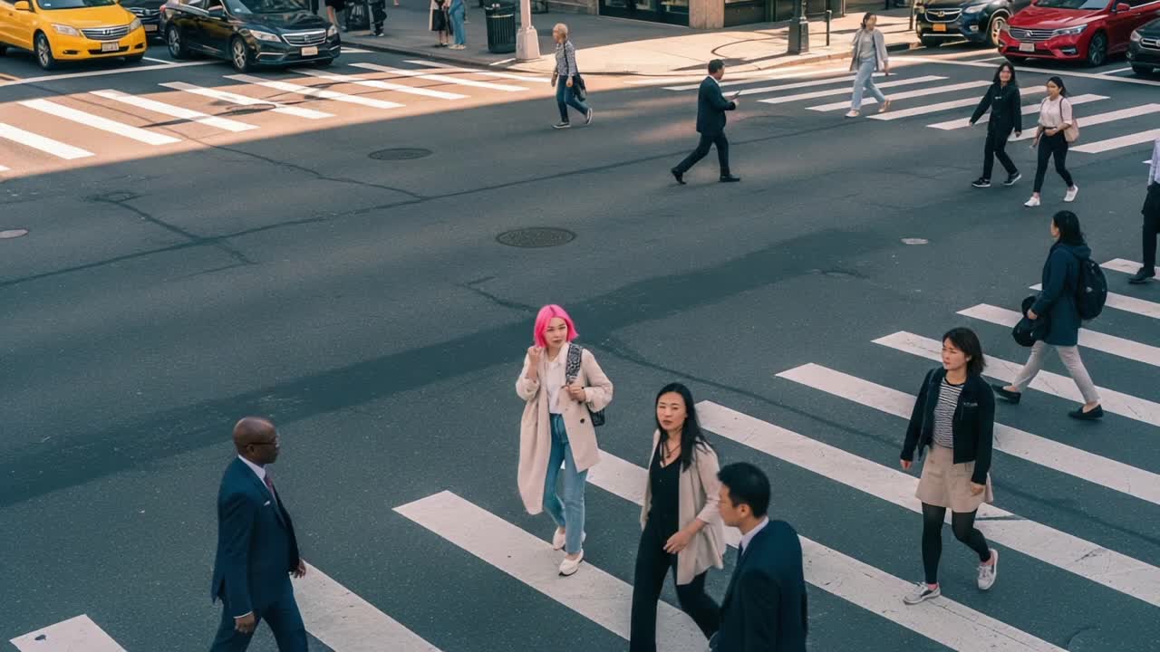 A Vibrant Urban Scene: People Crossing the Street with Distinct Styles and Colors in a Bustling City Environment