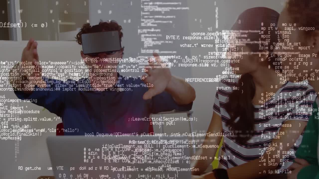 Man wearing a virtual reality headset with his friends