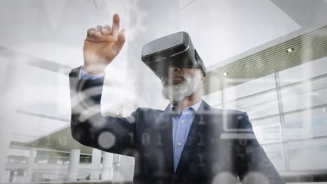 Animation of data processing and social media icons over african americqan man wearing vr headset