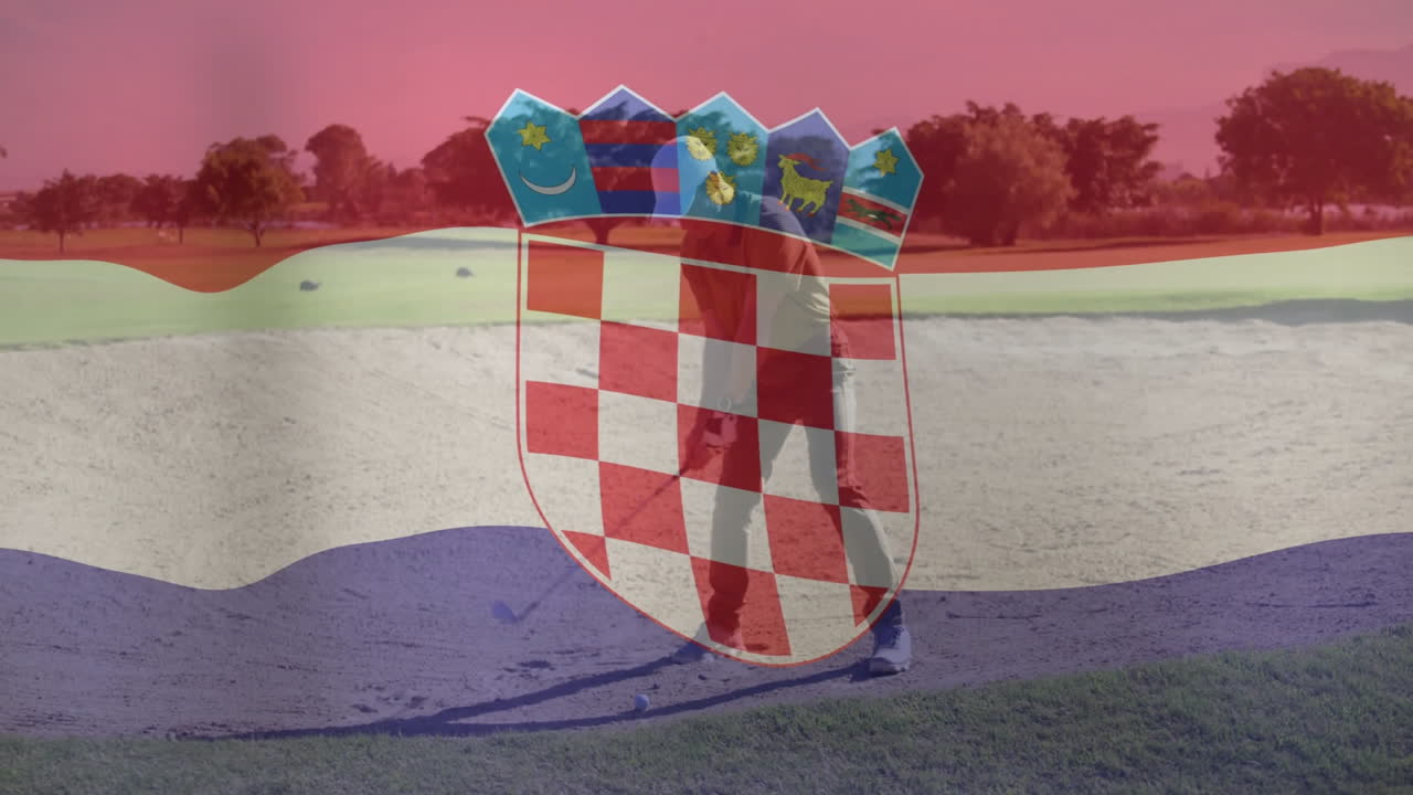 Male golfer swinging golf club in sand bunker for business marketing, with Croatian flag overlay