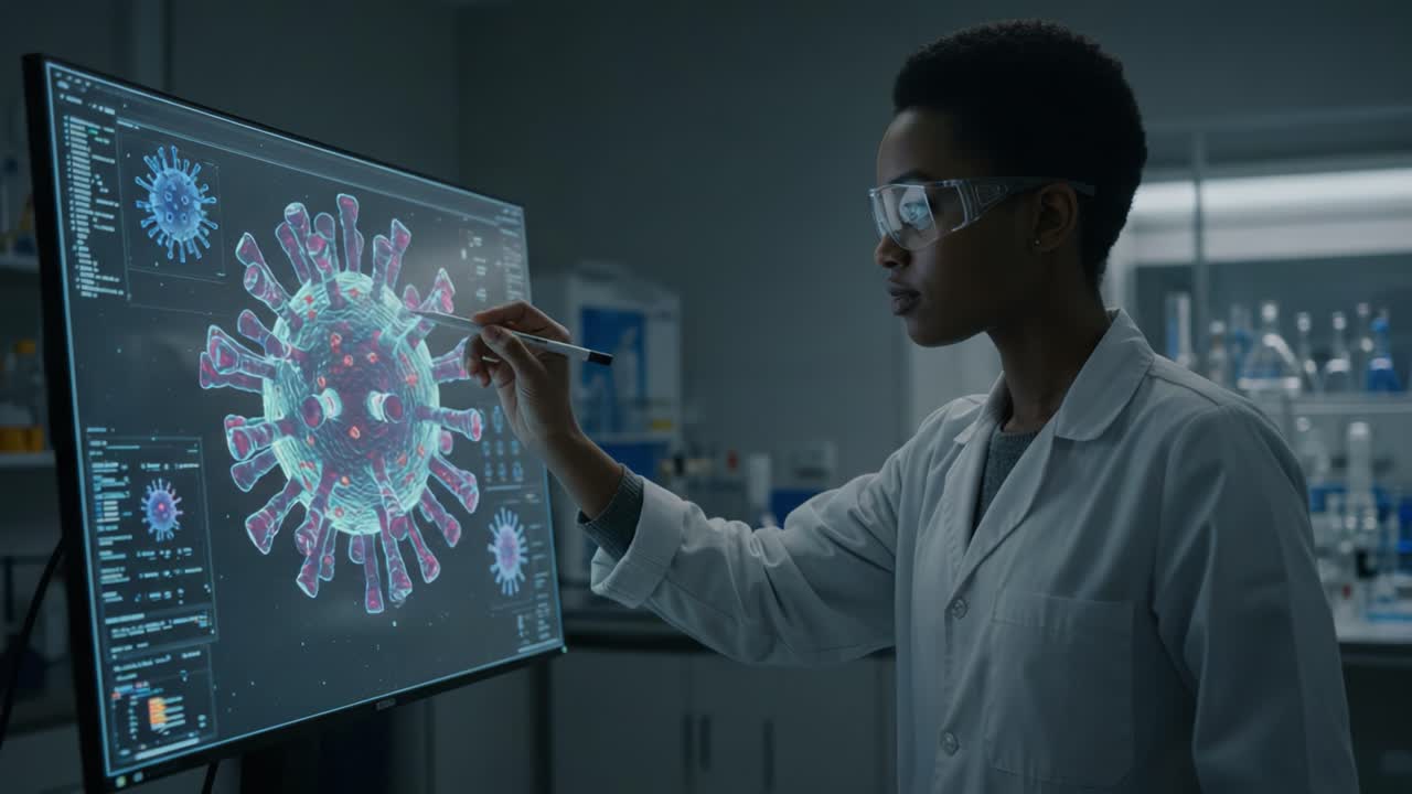Research Scientist Analyzing Virus Data on Advanced Display in Laboratory Environment, Focusing on Detailed Visualization of Viral Structure and Characteristics