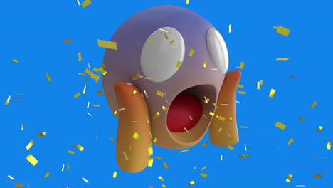 digital animation of golden confetti falling over surprised face emoji against blue background