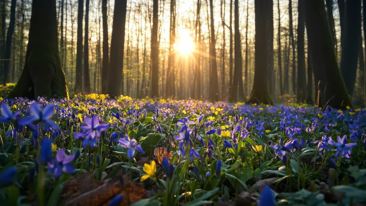 Low-angle video of a sunlit forest floor with vibrant purple and yellow flowers