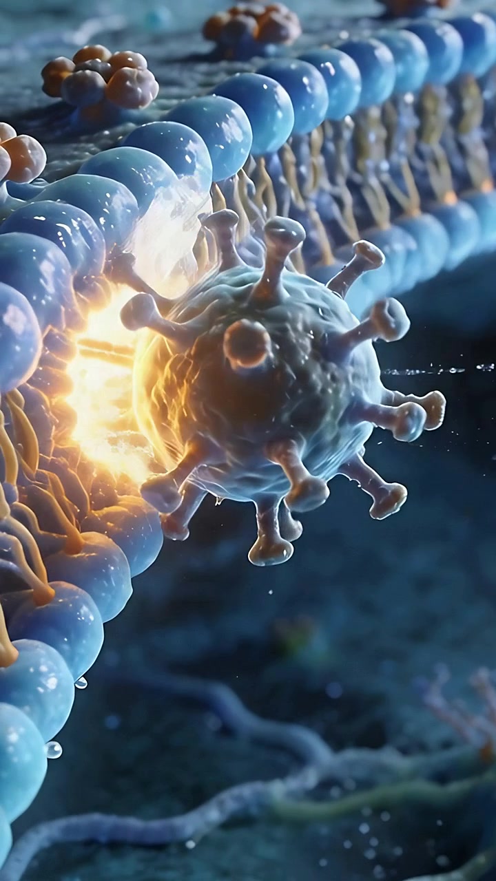 Vertikal video: Bevægelig pigget partikel, der interagerer med et dobbeltlag nær membranen, gul glød forårsager fusion