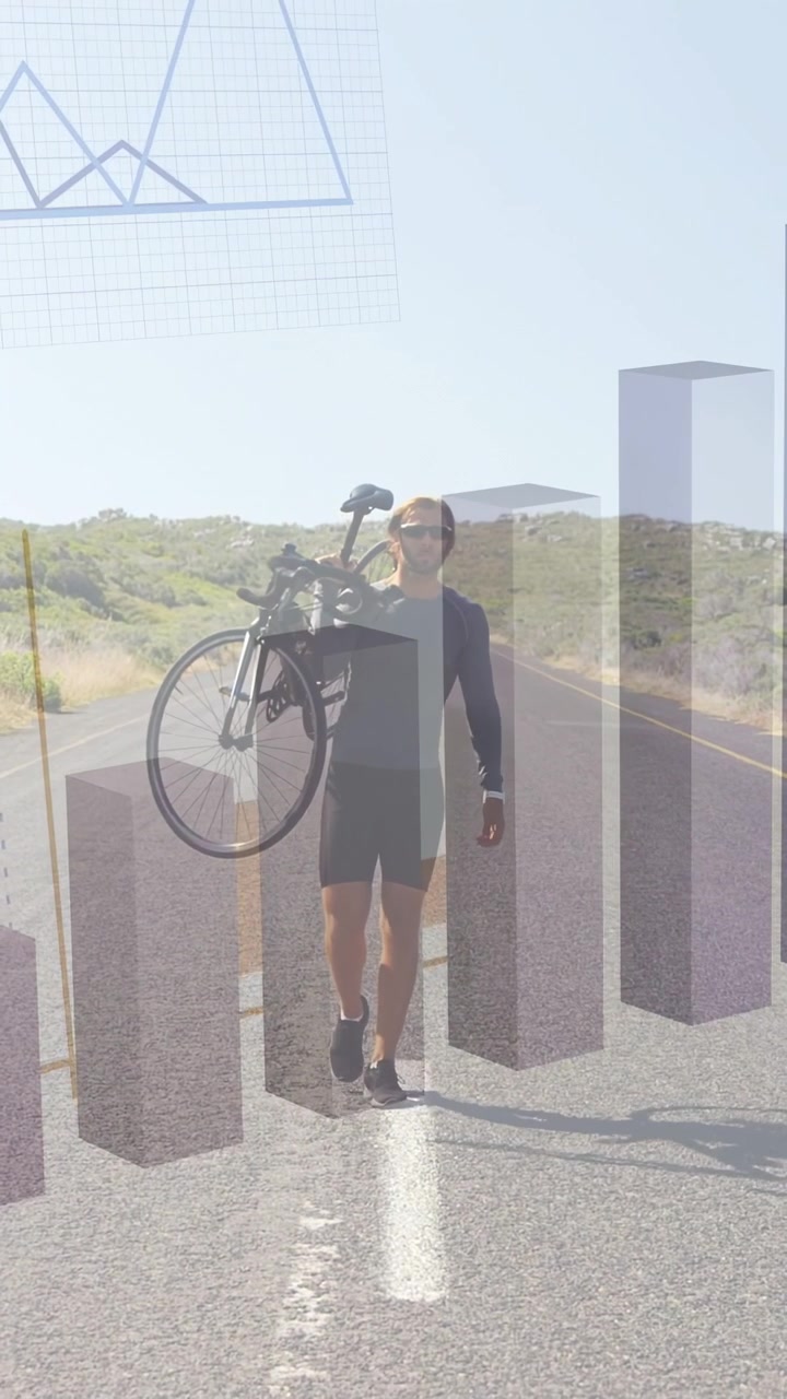 Video vertical: Ciclista caminando hacia la cámara llevando una bicicleta, gráficos superpuestos en 3D mostrando datos de actividad física