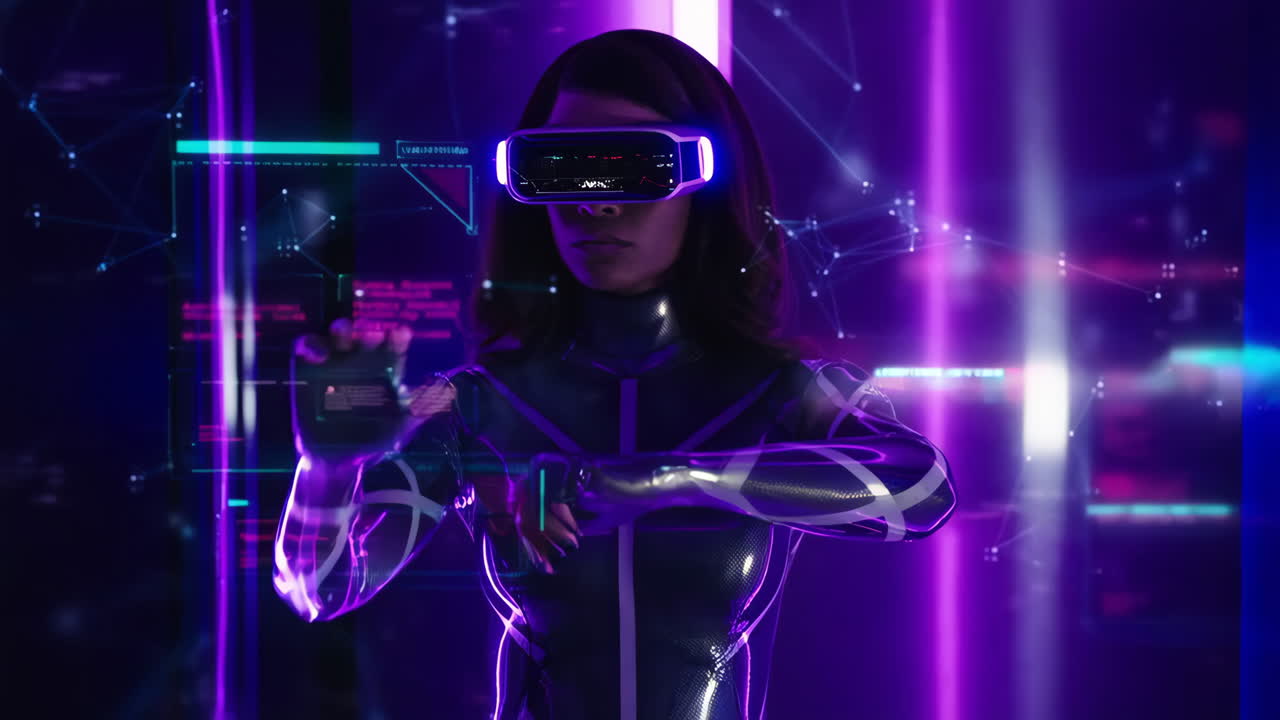 Woman wearing a VR headset interacting with a futuristic holographic interface
