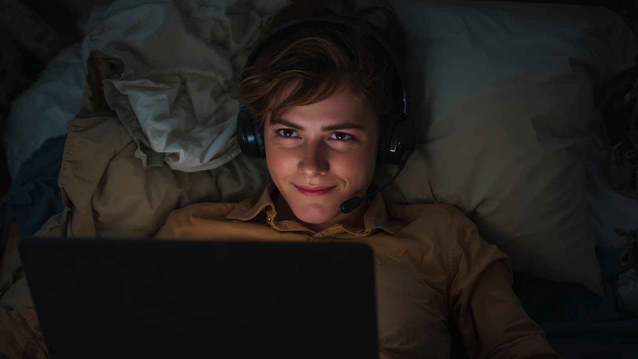 Vertical video: Woman lying on bed watching laptop, headset mic capturing incoming remote work call