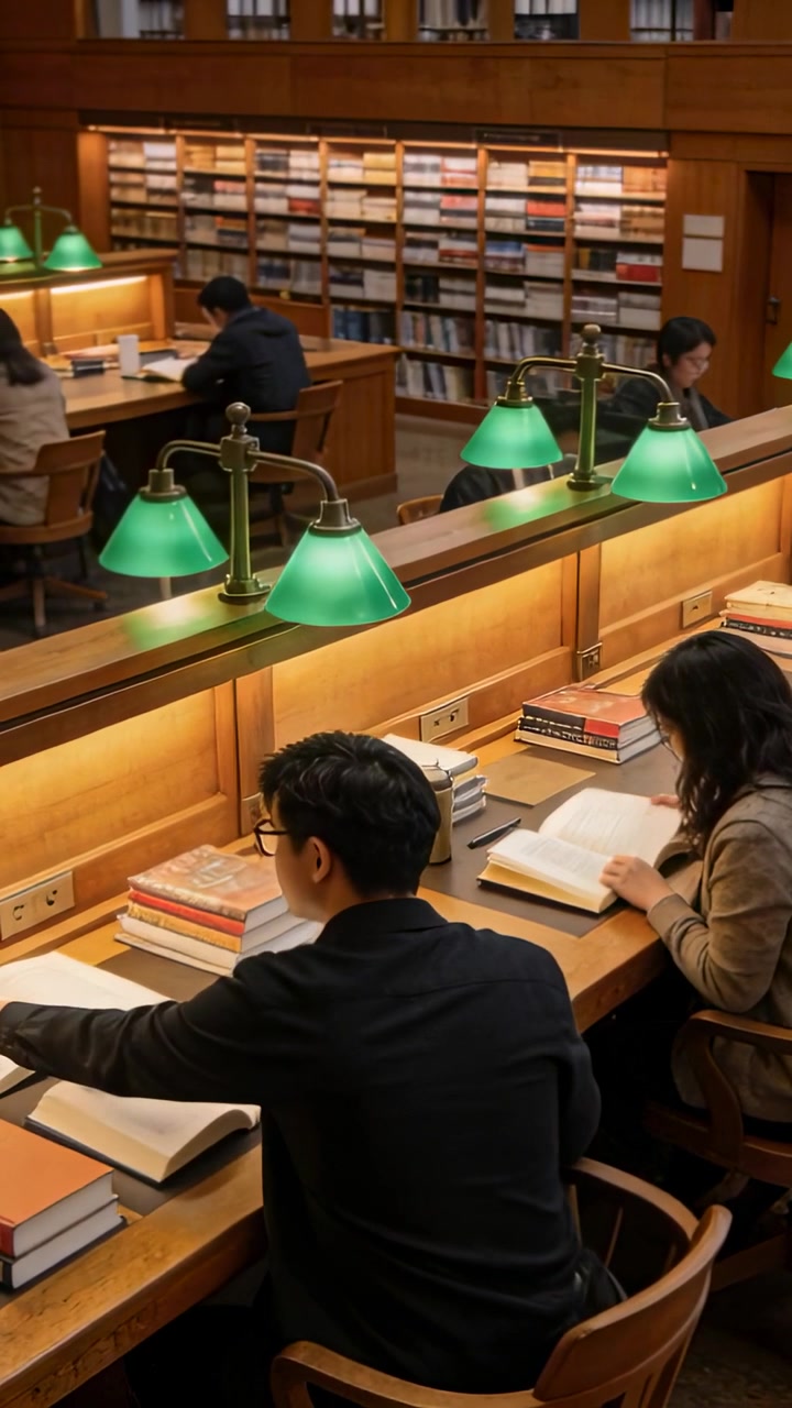 Dopo che un uomo si è chinato, spostato e ha sollevato, una donna sfoglia libri, con etichette della biblioteca che contrassegnano i libri per lo studio.