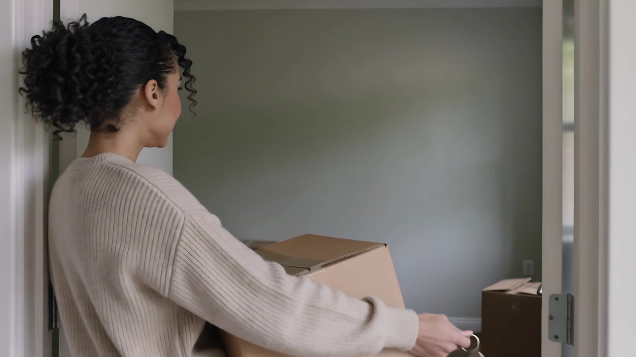 Holding sealed box, woman in sweater stepping into gray room to place boxes, keyring, copy space