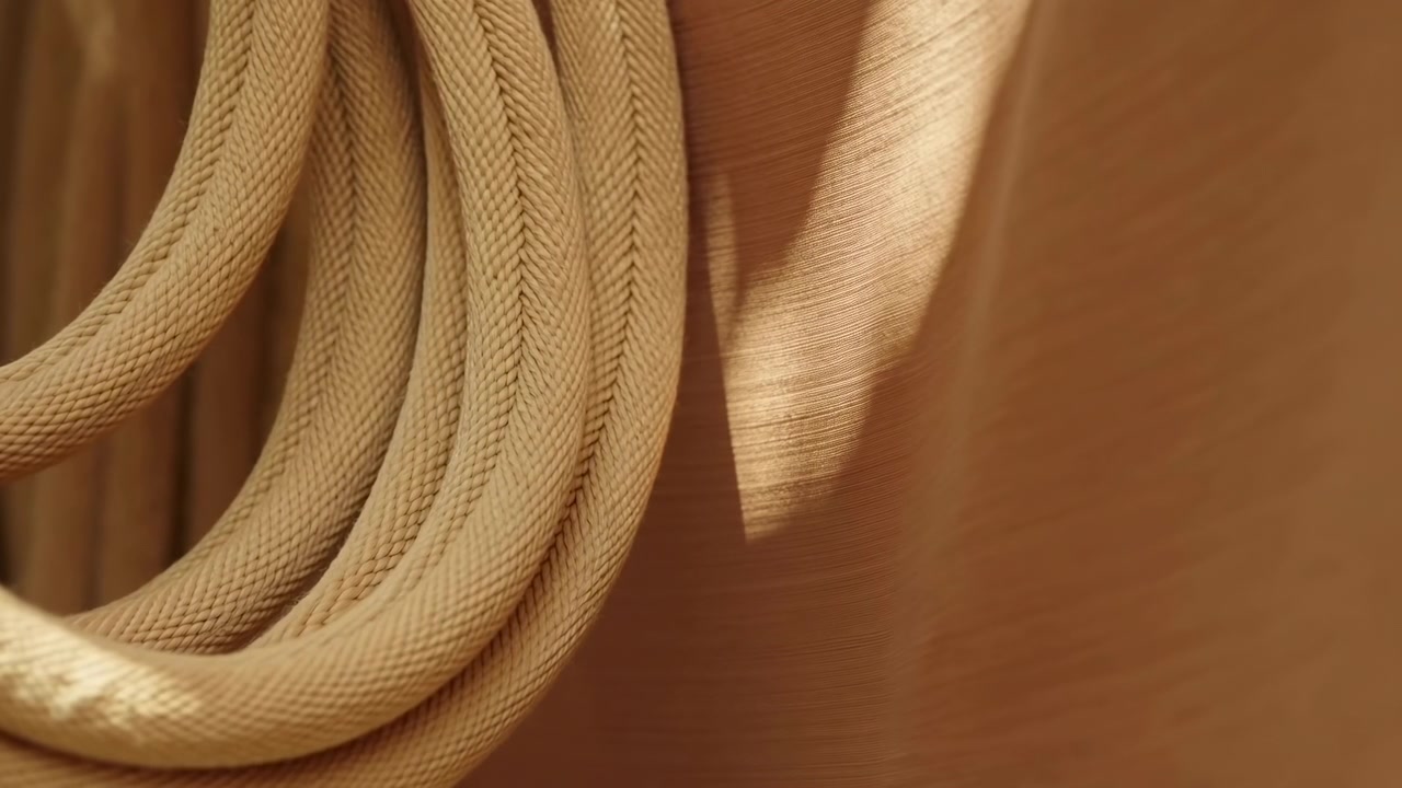 Cavo arrotolato, nessuna azione osservata, in uno sfondo neutro interno, con cavi a spirale, con texture in plastica o gomma, da una prospettiva ravvicinata dall'alto verso il basso, con accenti beige e marroni