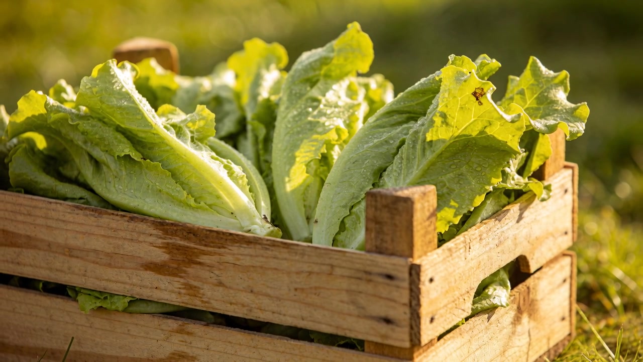 Shifting golden sunlight warming wood crate holding romaine lettuce in grass, showing harvest