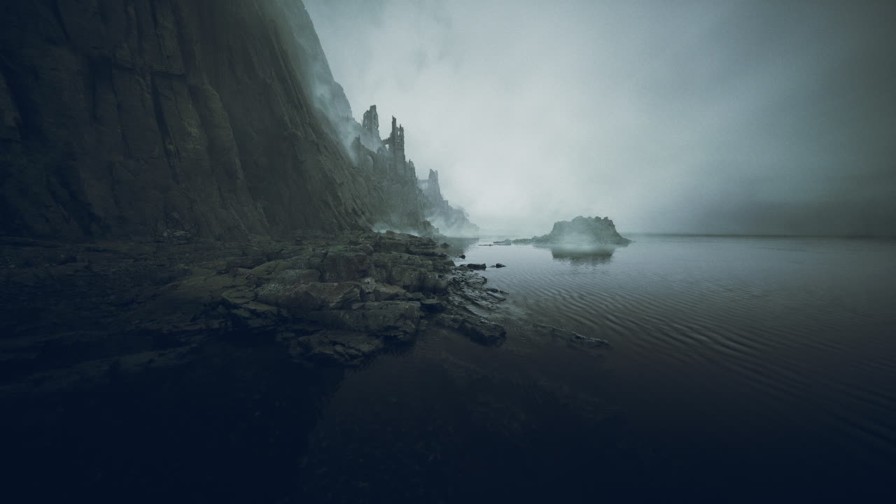 Mysterious landscape with misty cliffs and calm waters at twilight