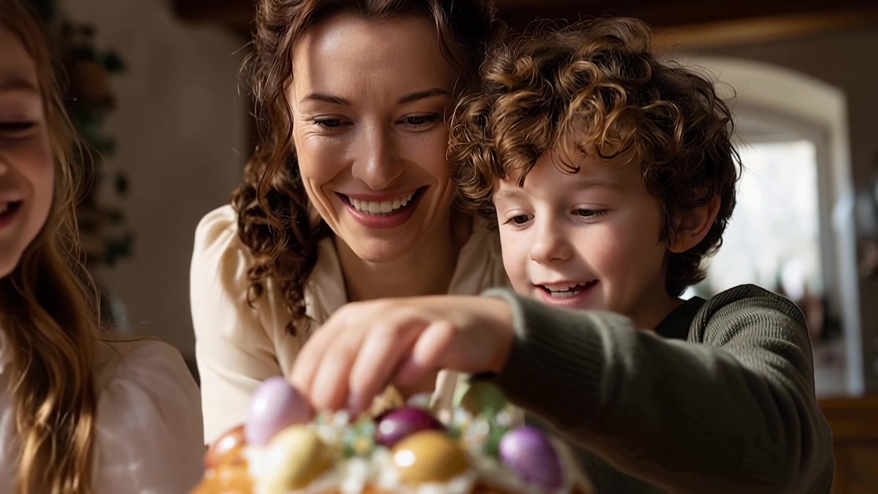 Happy Family Decorating Easter Cake with Colorful Eggs